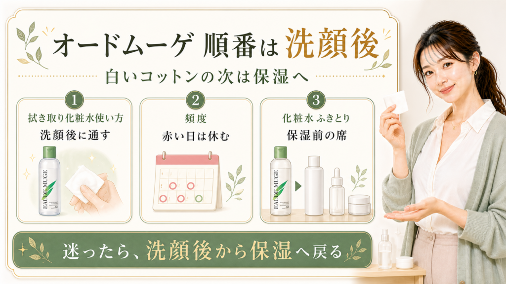 オードムーゲ薬用ふきとり化粧水を洗顔後から保湿前に入れる順番で説明するBeauty Board