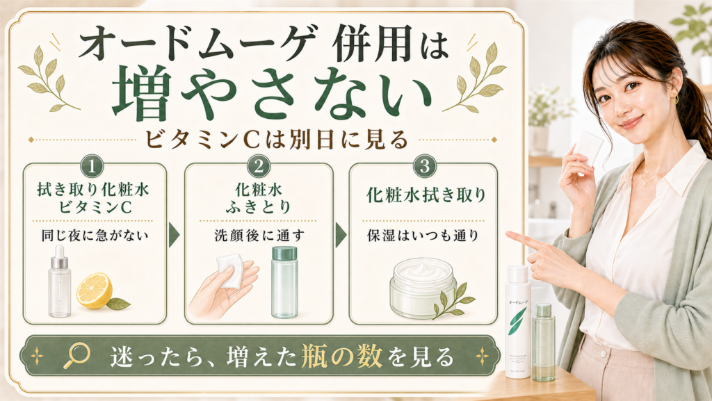 オードムーゲ薬用ふきとり化粧水とビタミンCを同じ夜に増やさない併用判断を説明するBeauty Board