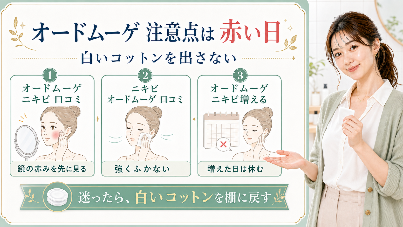 オードムーゲ薬用ふきとり化粧水の注意点を赤い日は白いコットンを出さない判断で説明するBeauty Board