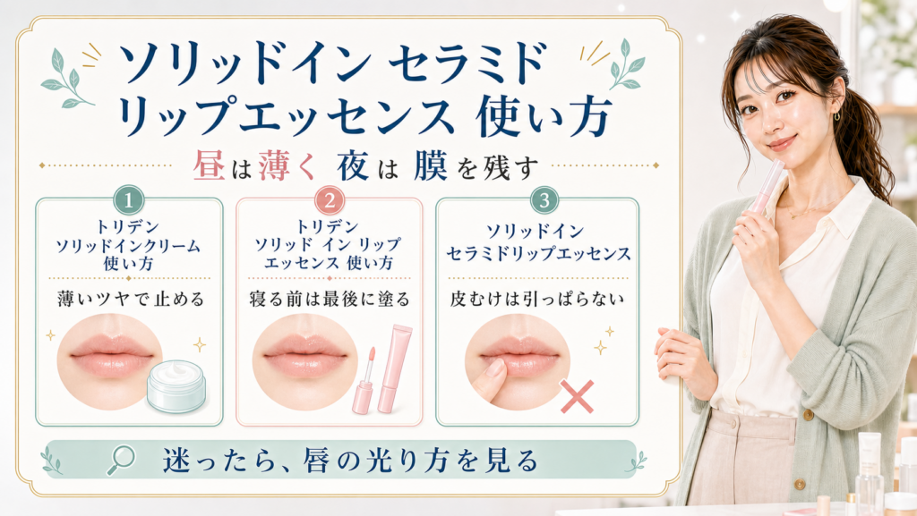 ソリッドイン セラミド リップエッセンスの使い方を昼は薄く夜は膜を残す判断で説明するBeauty Board