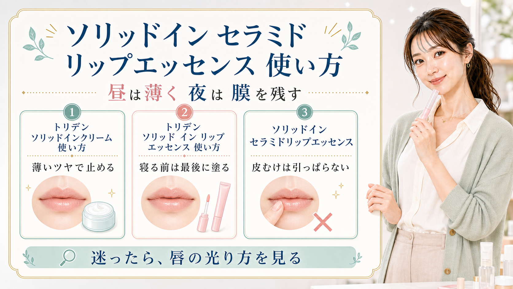 ソリッドイン セラミド リップエッセンスの使い方を昼は薄く夜は膜を残す判断で説明するBeauty Board