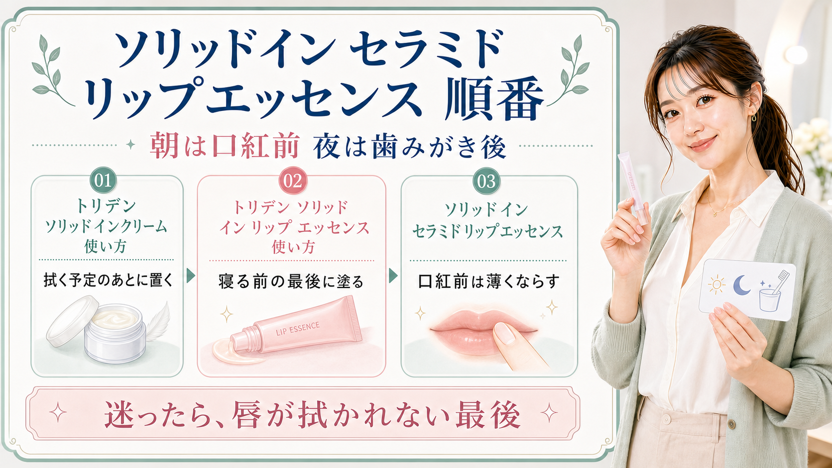 ソリッドイン セラミド リップエッセンスの順番を朝は口紅前夜は歯みがき後で説明するBeauty Board