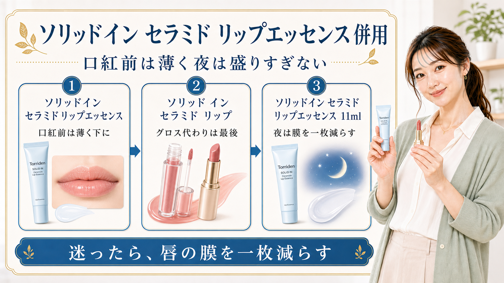 ソリッドイン セラミド リップエッセンスの併用を口紅前は薄く夜は盛りすぎない判断で説明するBeauty Board