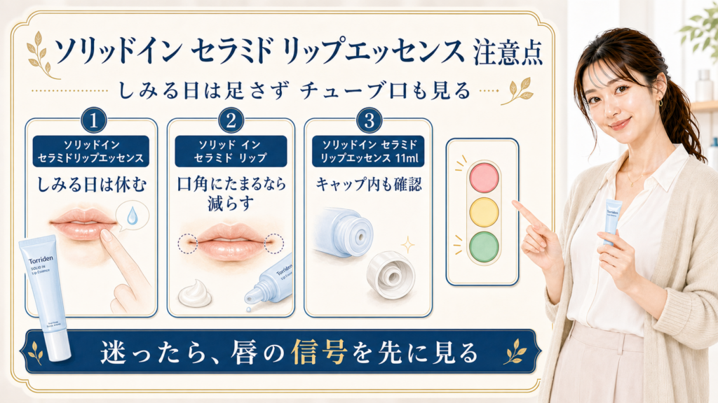 ソリッドイン セラミド リップエッセンスの注意点をしみる日とチューブ口の信号で説明するBeauty Board