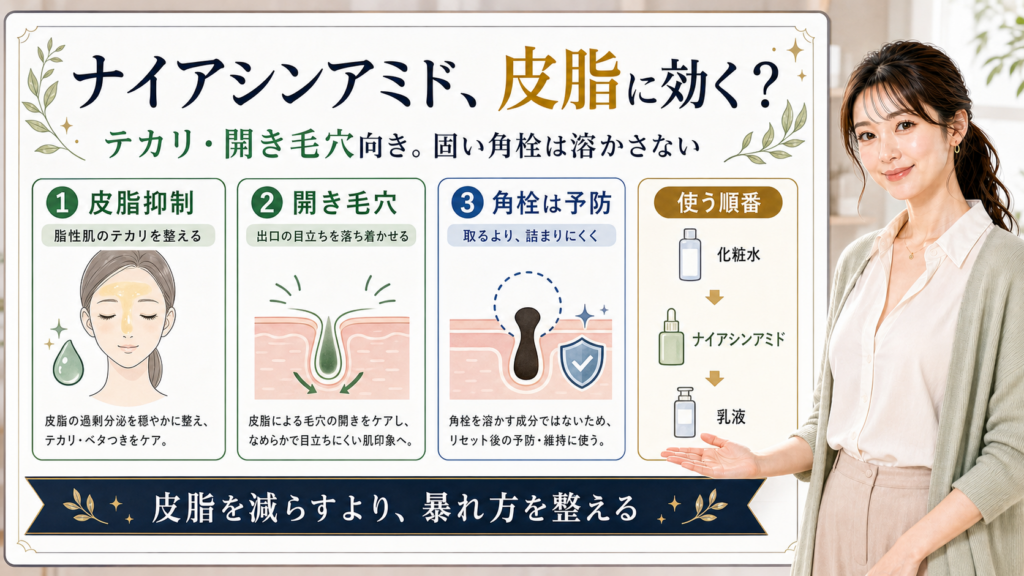 ナイアシンアミドが皮脂抑制や脂性肌、開き毛穴にどう向くかを説明するアイキャッチ