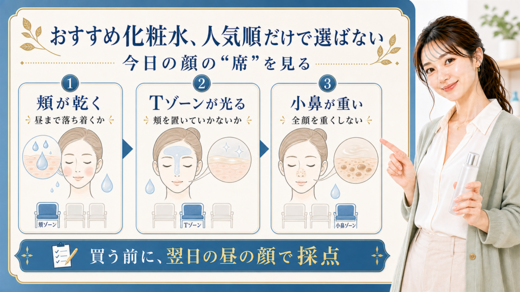 おすすめ化粧水を人気順ではなく頬、Tゾーン、小鼻の状態で選ぶ説明図