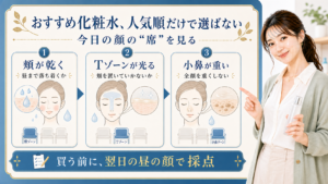 おすすめ化粧水を人気順ではなく頬、Tゾーン、小鼻の状態で選ぶ説明図