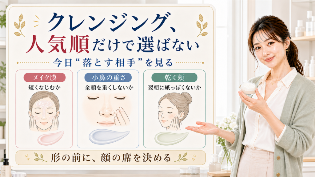 クレンジングを人気順ではなくメイク膜、小鼻の重さ、乾く頬で選ぶ説明図