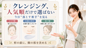 クレンジングを人気順ではなくメイク膜、小鼻の重さ、乾く頬で選ぶ説明図