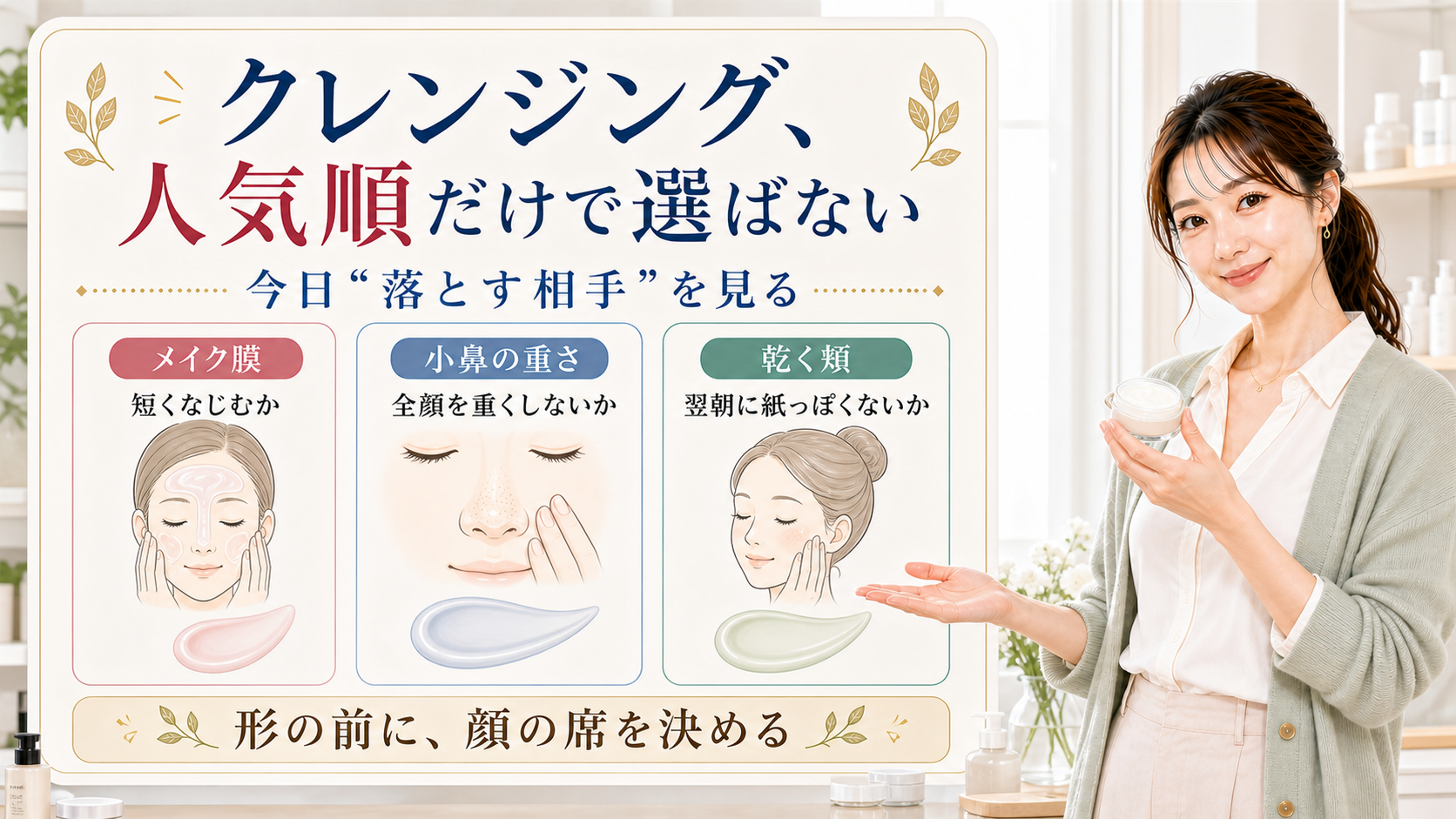 クレンジングを人気順ではなくメイク膜、小鼻の重さ、乾く頬で選ぶ説明図