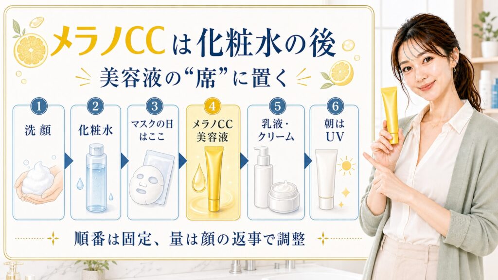 メラノCC美容液を化粧水後、乳液やクリーム前、朝はUV前に置く順番図