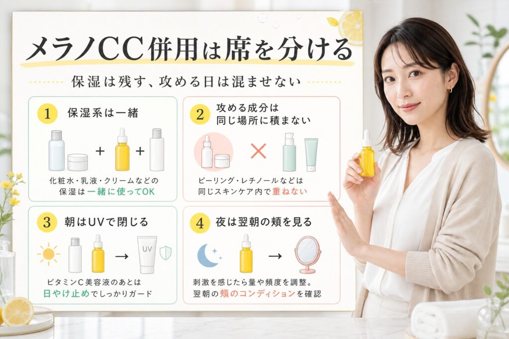 メラノCC美容液の併用を保湿系、攻める成分、朝のUV、夜の頬で分ける説明図