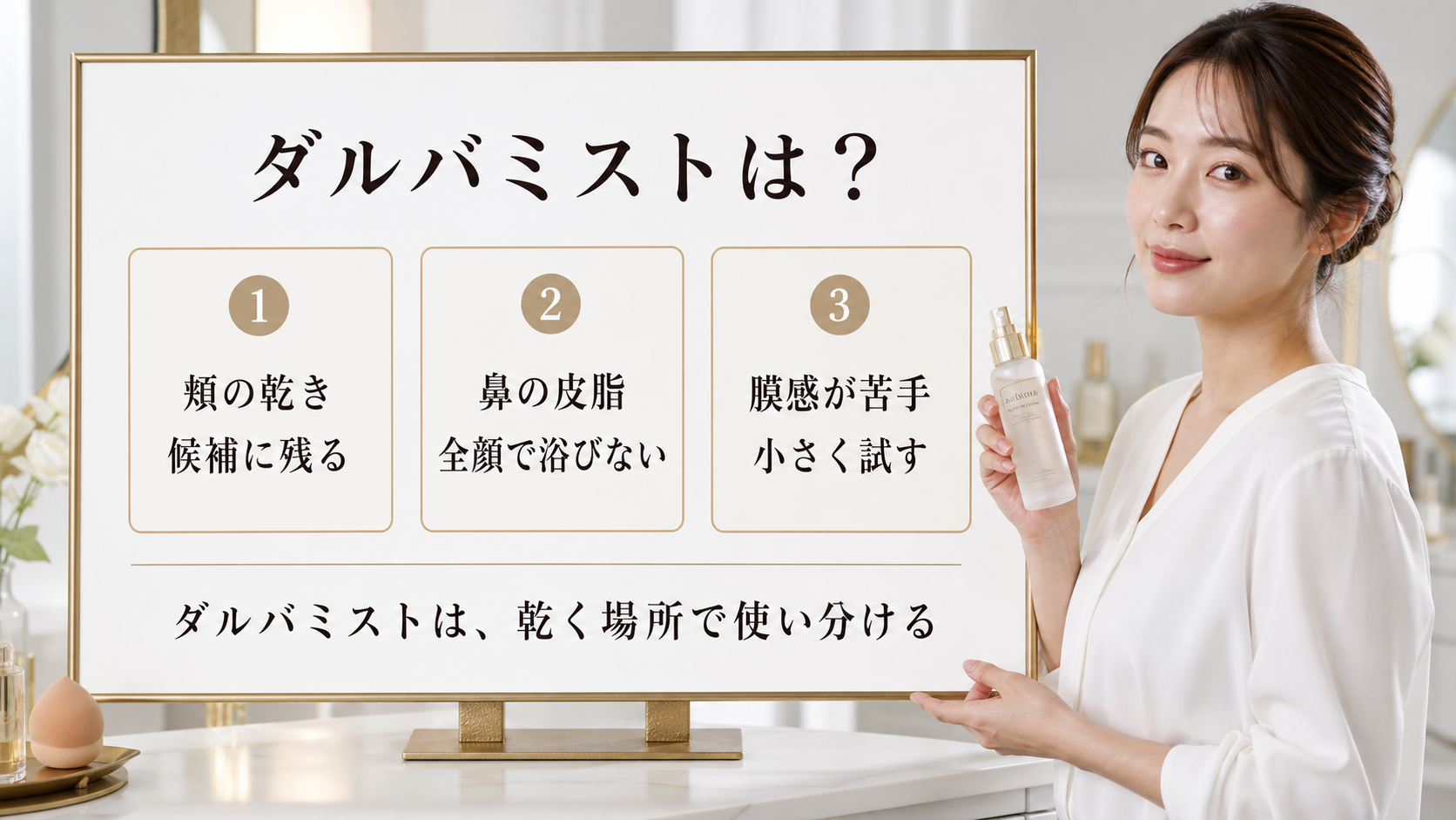 ダルバミストを頬の乾き・鼻の皮脂・膜感で整理するボード