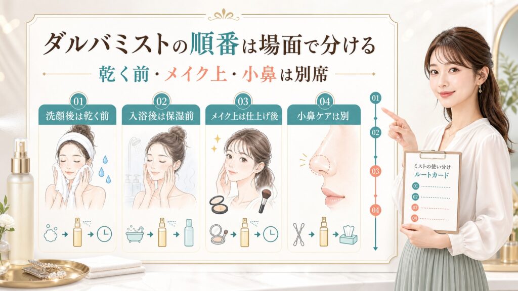 ダルバミストの順番を洗顔後、入浴後、メイク上、小鼻別席で分ける説明図