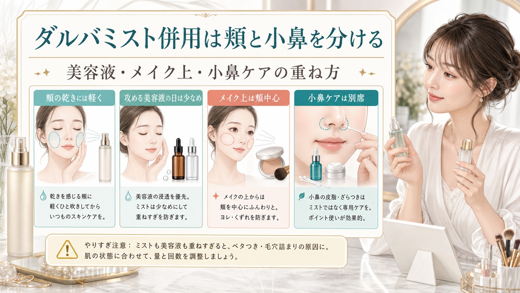 ダルバミストの併用を頬の乾き、メイク上、小鼻別席で分ける説明図