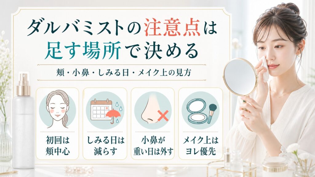 ダルバミストの注意点を頬、小鼻、しみる日、メイク上で分ける説明図
