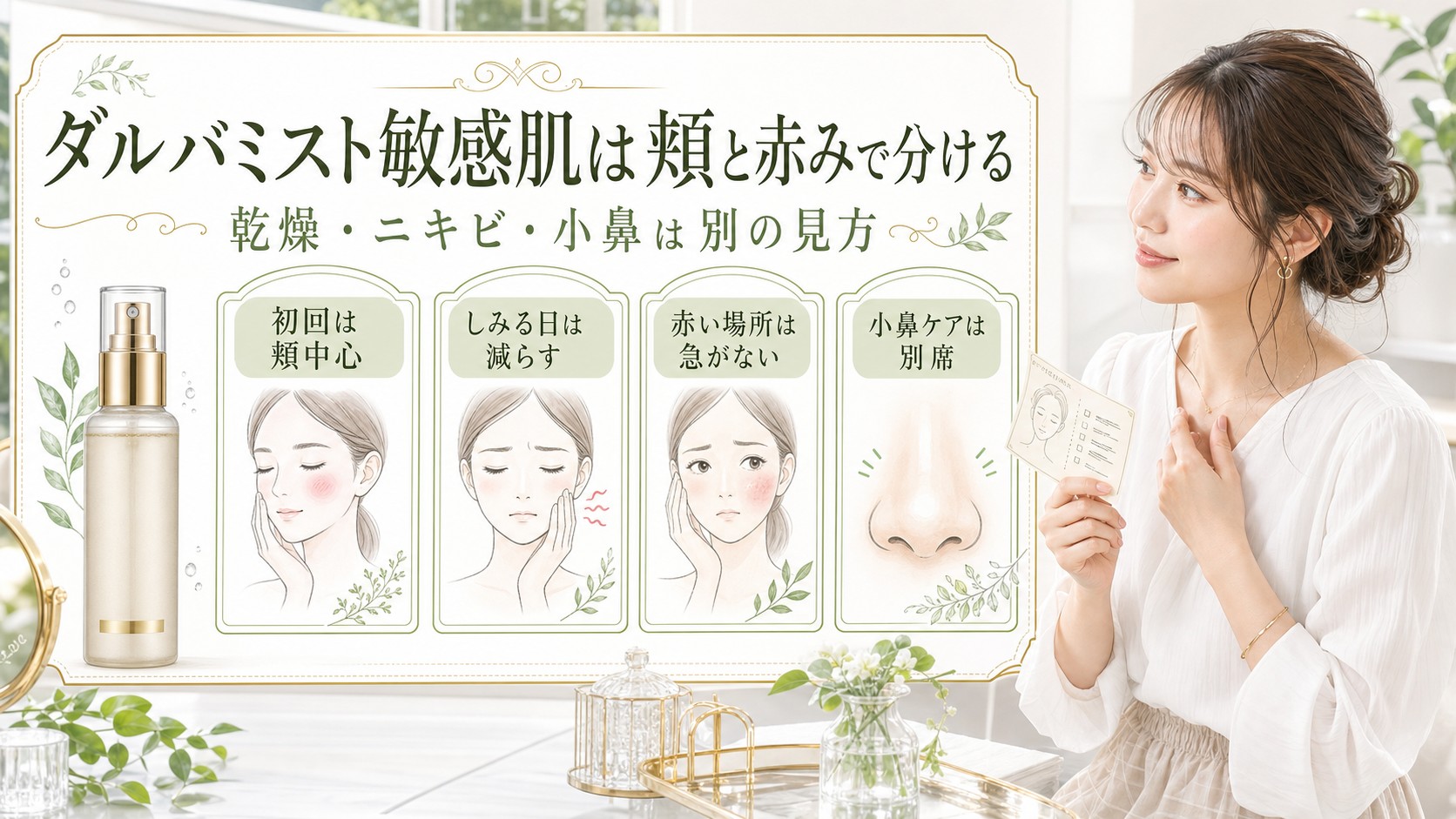 ダルバミストを敏感肌、乾燥、赤み、小鼻別席で分ける説明図