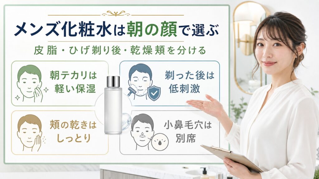 メンズ化粧水を皮脂、ひげ剃り後、乾燥頬、小鼻別席で選ぶ説明図