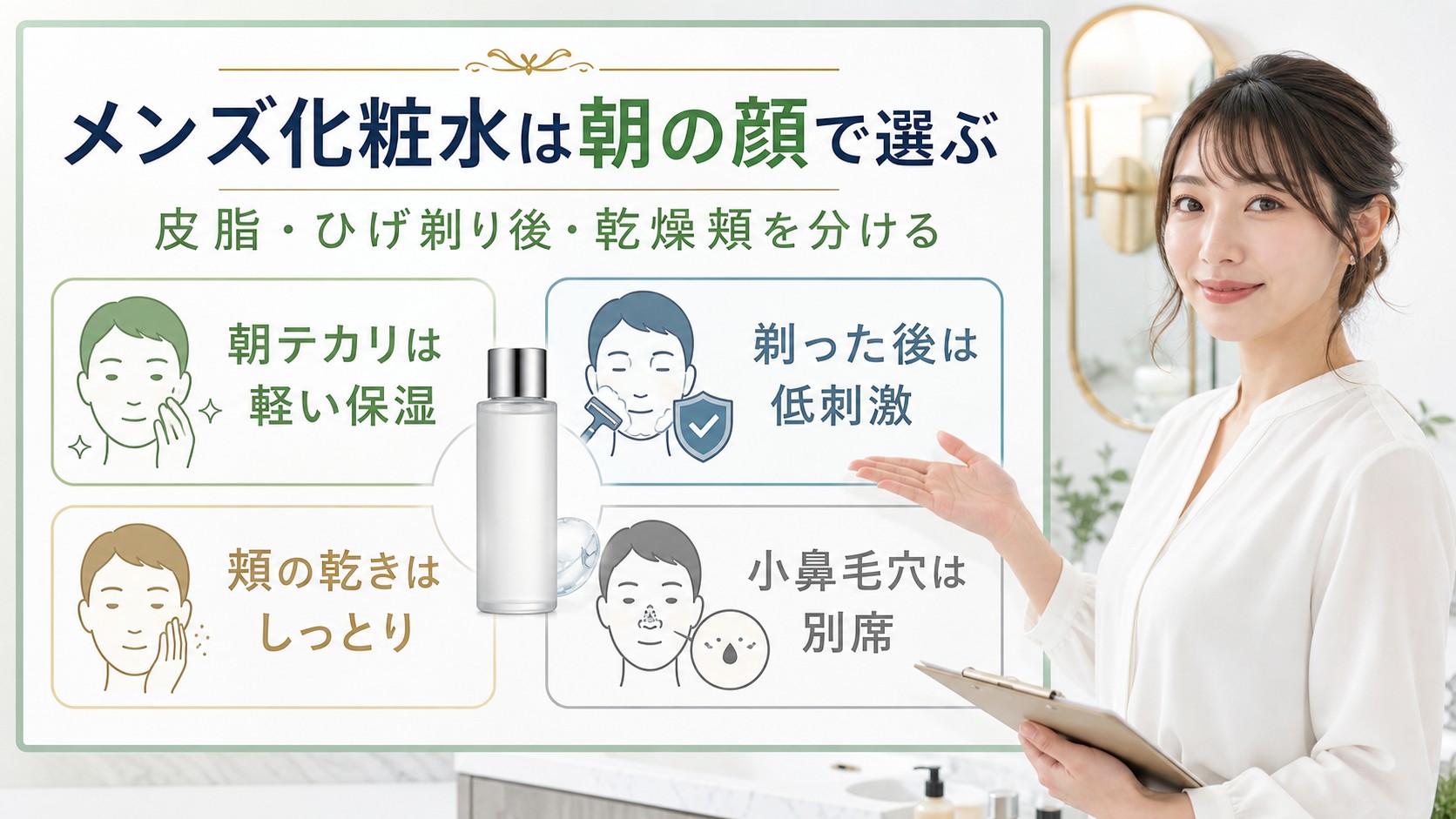 メンズ化粧水を皮脂、ひげ剃り後、乾燥頬、小鼻別席で選ぶ説明図