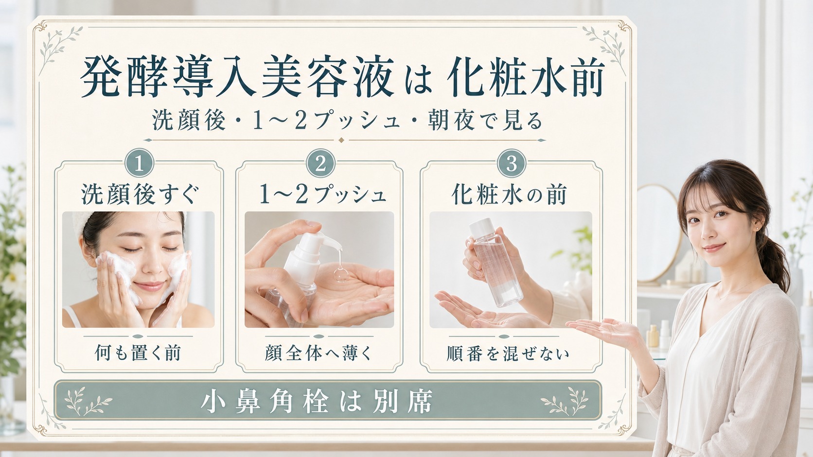 発酵導入美容液の使い方を、大きなボード中心に20代後半の清楚な実写女性が解説するアイキャッチ