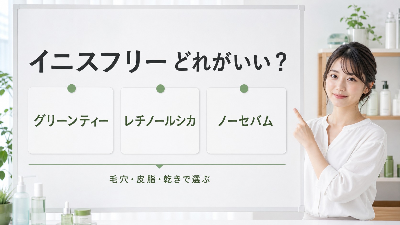 イニスフリーはどれがいいかグリーンティー・レチノールシカ・ノーセバムを比較する美容解説ボード