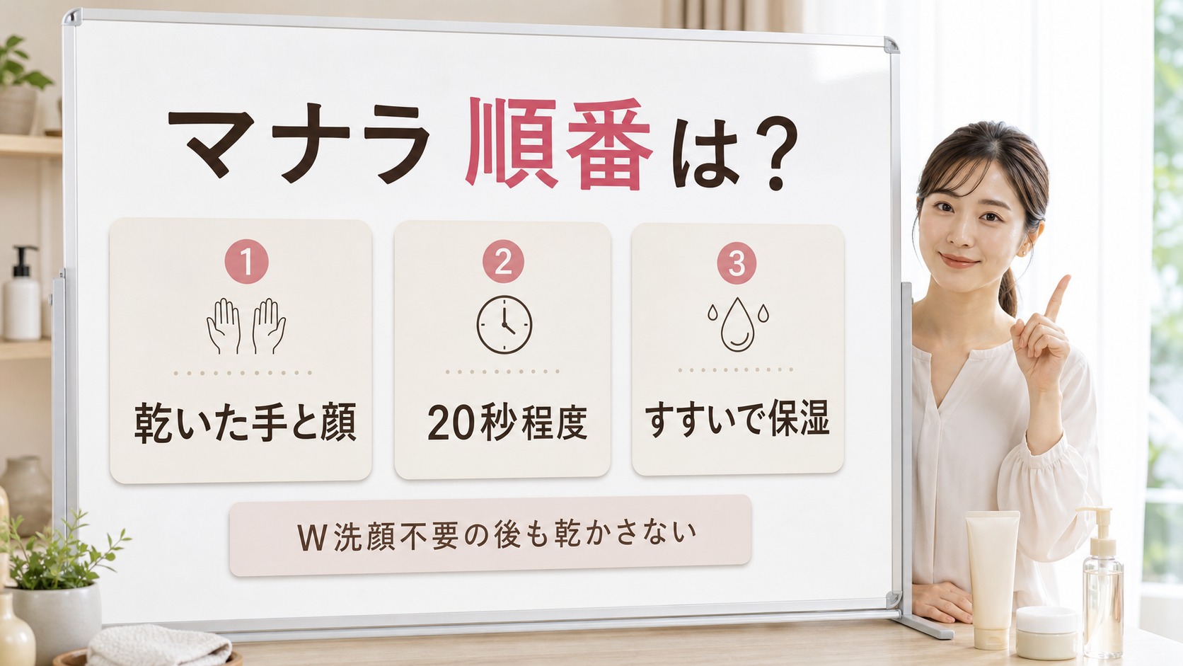 マナラホットクレンジングゲルの順番を乾いた手と顔・20秒程度・すすいで保湿で整理する美容解説ボード