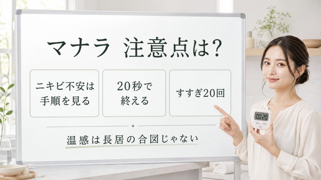 マナラホットクレンジングゲルの注意点をニキビ不安・20秒・すすぎ20回で整理する美容解説ボード