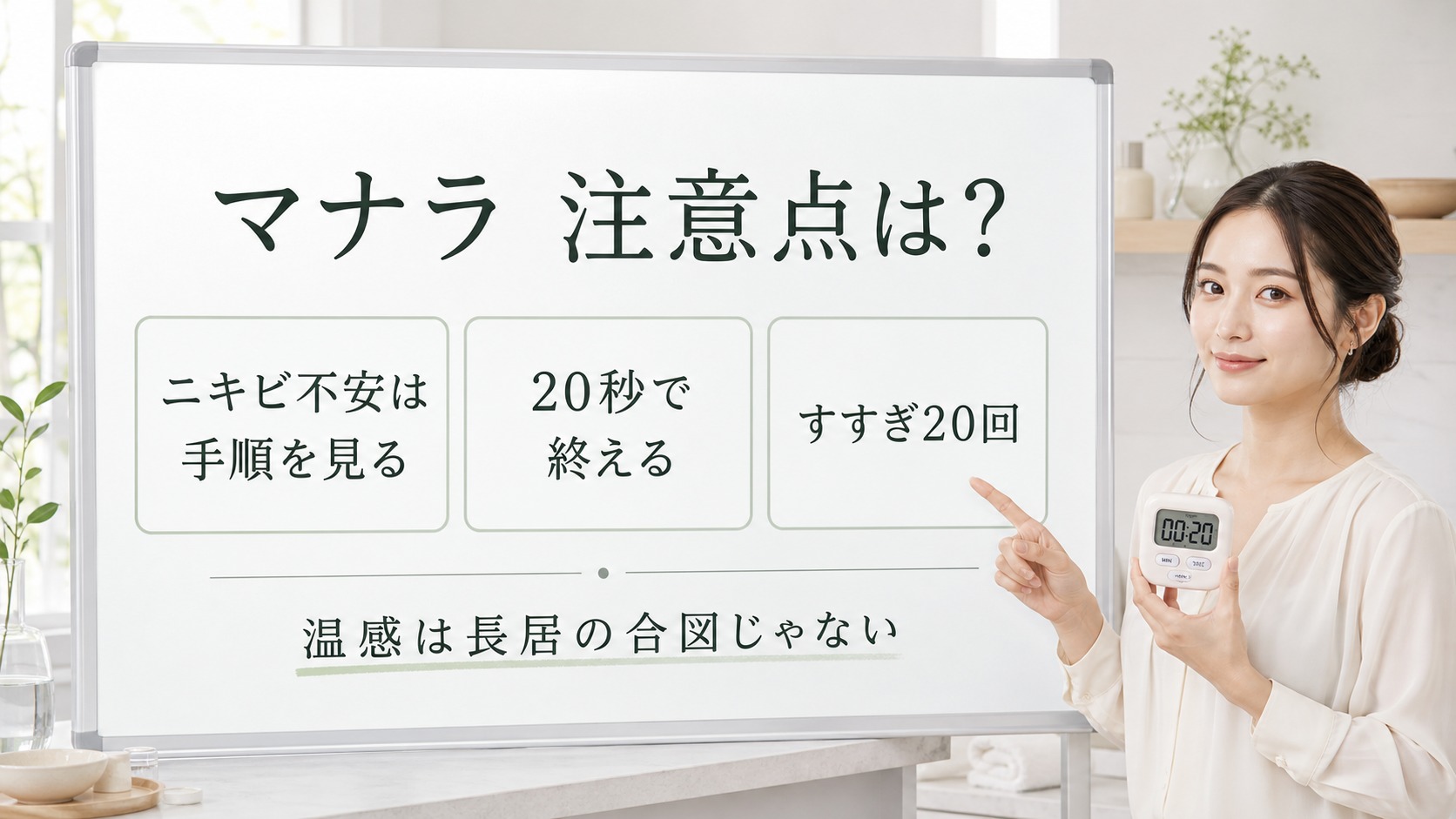 マナラホットクレンジングゲルの注意点をニキビ不安・20秒・すすぎ20回で整理する美容解説ボード