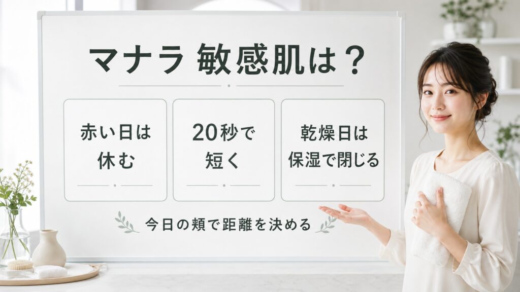 マナラホットクレンジングゲルを敏感肌で使う時の赤み・20秒・乾燥日の保湿を整理する美容解説ボード