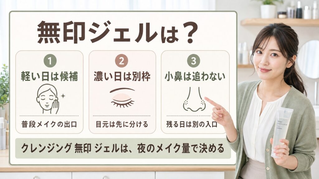 クレンジング無印ジェルを軽い日・濃い日・小鼻残りで分ける美容解説ボード
