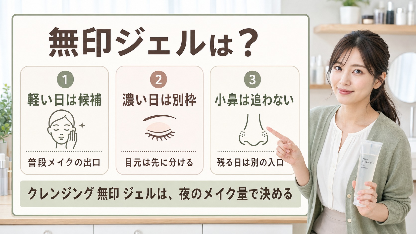 クレンジング無印ジェルを軽い日・濃い日・小鼻残りで分ける美容解説ボード