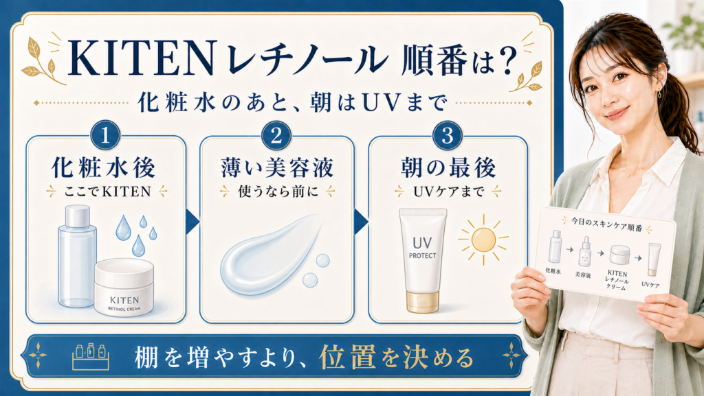 KITENレチノールクリームの順番は化粧水後で朝はUVケアまでと示す図解