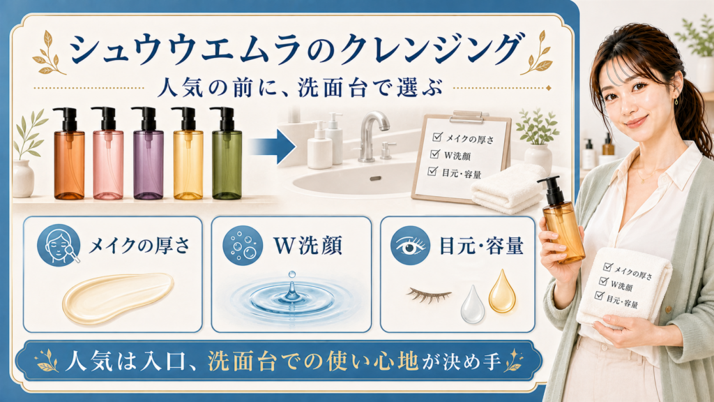 シュウウエムラのクレンジングを人気の前にメイクの厚さ、W洗顔、目元と容量で選ぶ図解