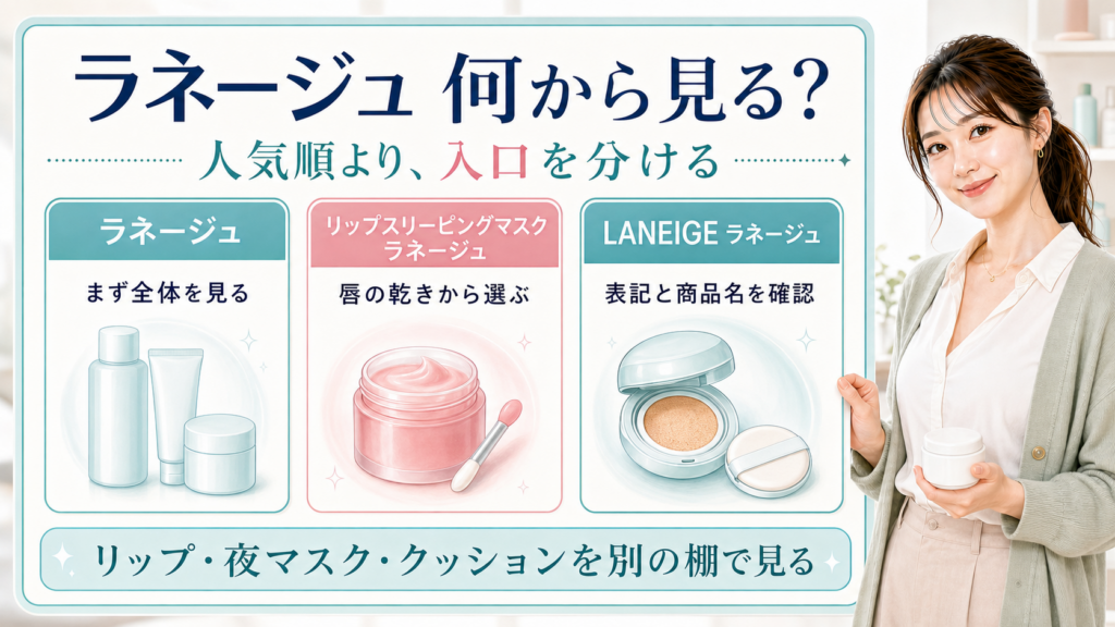 ラネージュを全体、リップスリーピングマスク、LANEIGE表記確認の入口で分けて見る図解
