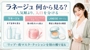 ラネージュを全体、リップスリーピングマスク、LANEIGE表記確認の入口で分けて見る図解