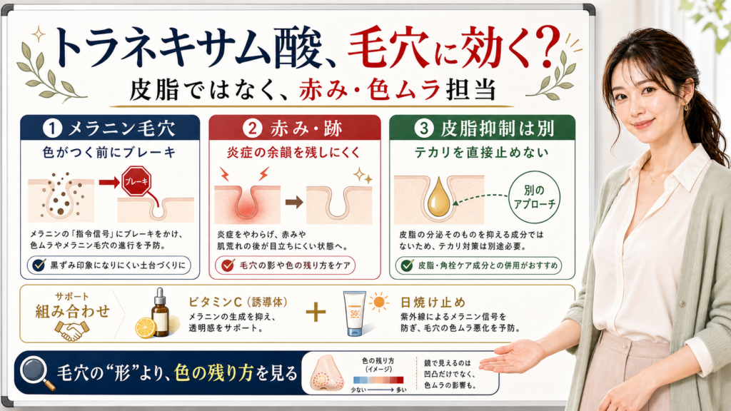 トラネキサム酸が毛穴の赤みや色ムラ、メラニン毛穴にどう関わるかを説明するアイキャッチ