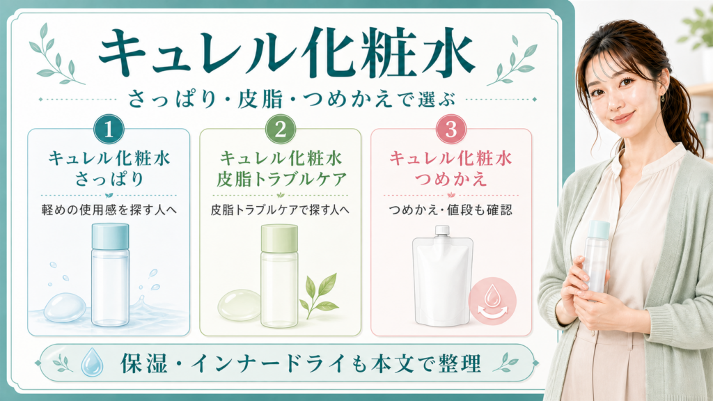 キュレル化粧水をさっぱり、皮脂トラブルケア、つめかえ、保湿とインナードライの検索枝で整理した図解