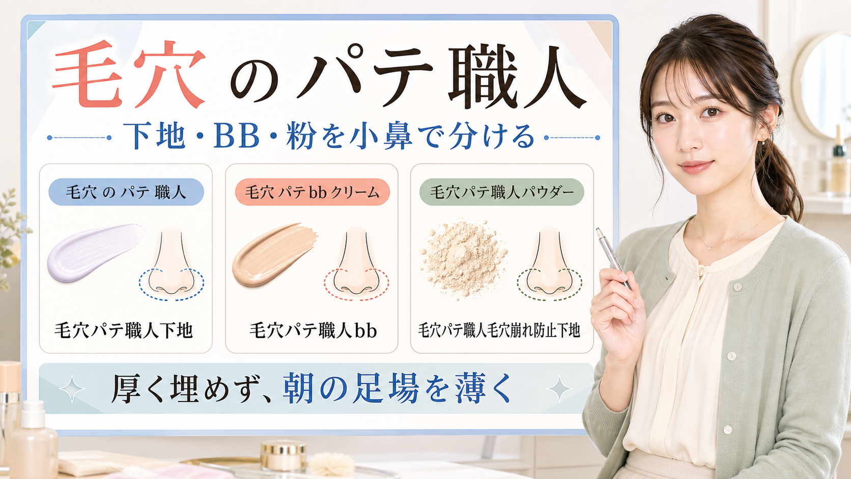 毛穴のパテ職人を下地、BB、パウダー、小鼻の朝の見え方で整理した図解