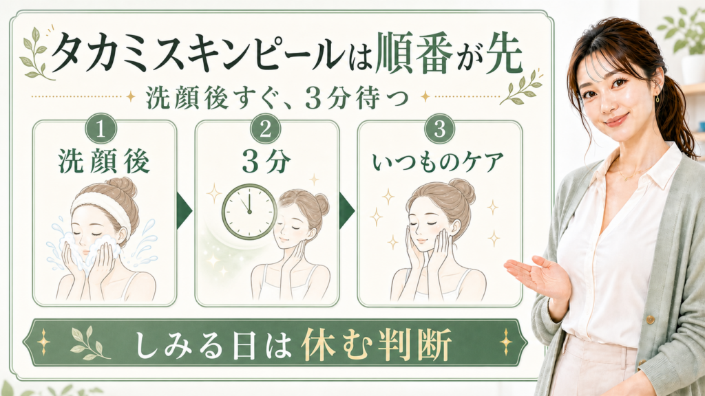 タカミスキンピールの順番を洗顔後・3分・通常ケアで示す説明ボード