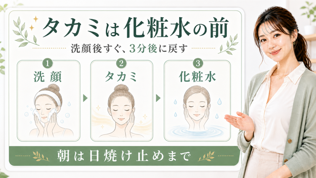 タカミスキンピールの順番を洗顔・タカミスキンピール・化粧水で示す説明ボード