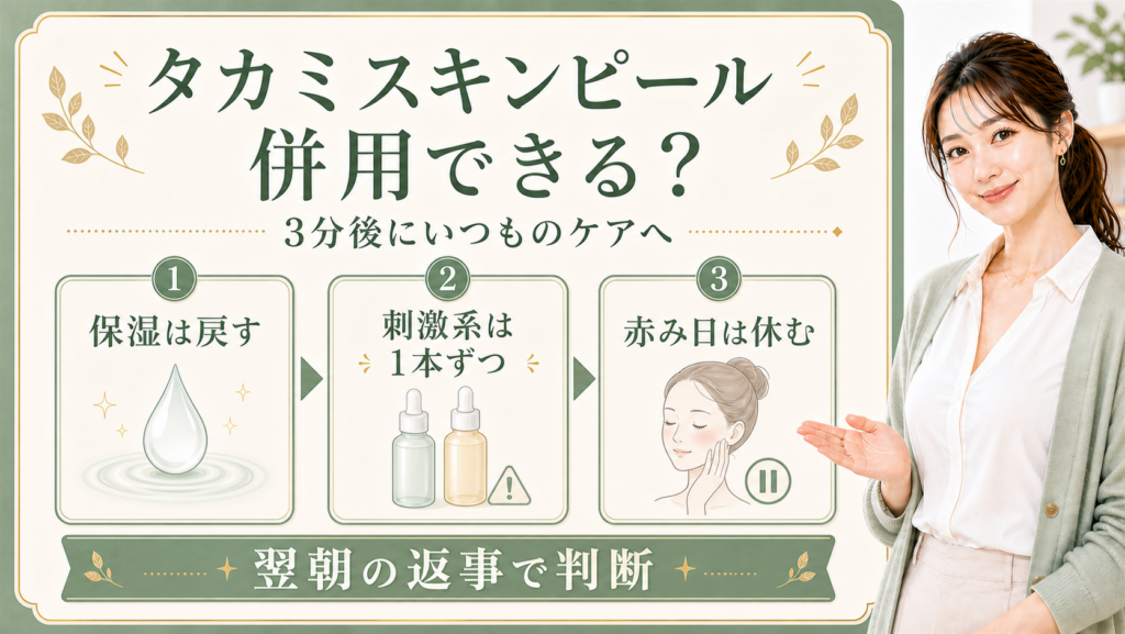 タカミスキンピールの併用可否を保湿・刺激系・赤み日の判断で示す説明ボード