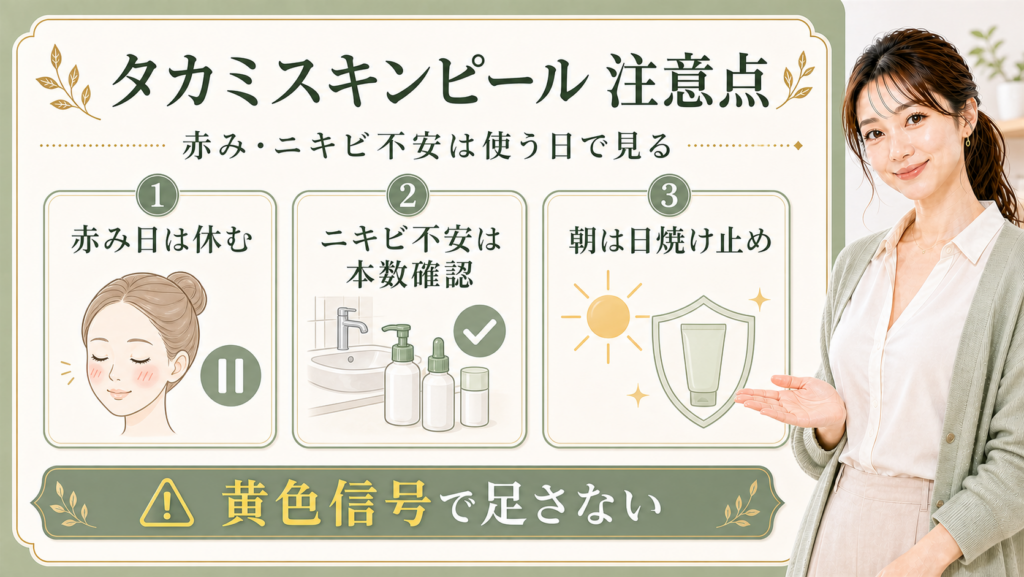 タカミスキンピールの注意点を赤み日・ニキビ不安・朝の日焼け止めで示す説明ボード