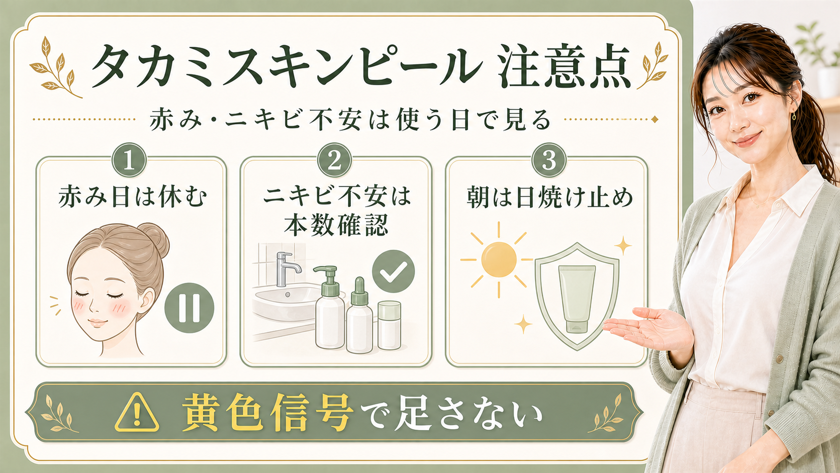 タカミスキンピールの注意点を赤み日・ニキビ不安・朝の日焼け止めで示す説明ボード