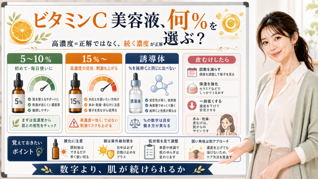 ビタミンC美容液の濃度や高濃度の目安、皮むけ時の対処を説明するアイキャッチ