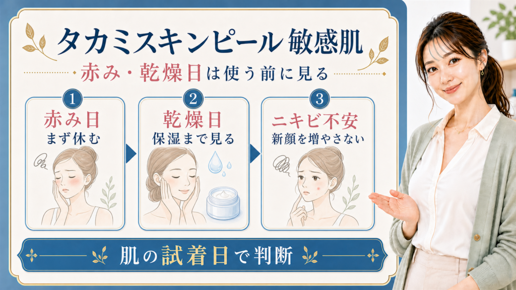 タカミスキンピールを敏感肌で使う時の赤み日・乾燥日・ニキビ不安の判断を示す説明ボード