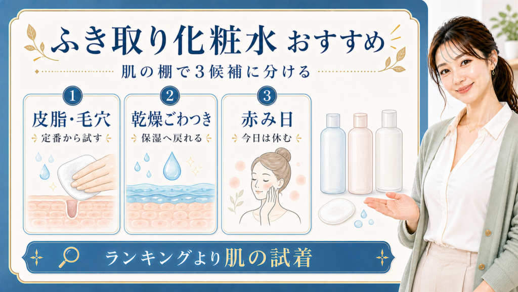 ふき取り化粧水のおすすめを皮脂毛穴・乾燥ごわつき・赤み日の3候補で示す説明ボード