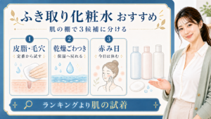 ふき取り化粧水のおすすめを皮脂毛穴・乾燥ごわつき・赤み日の3候補で示す説明ボード