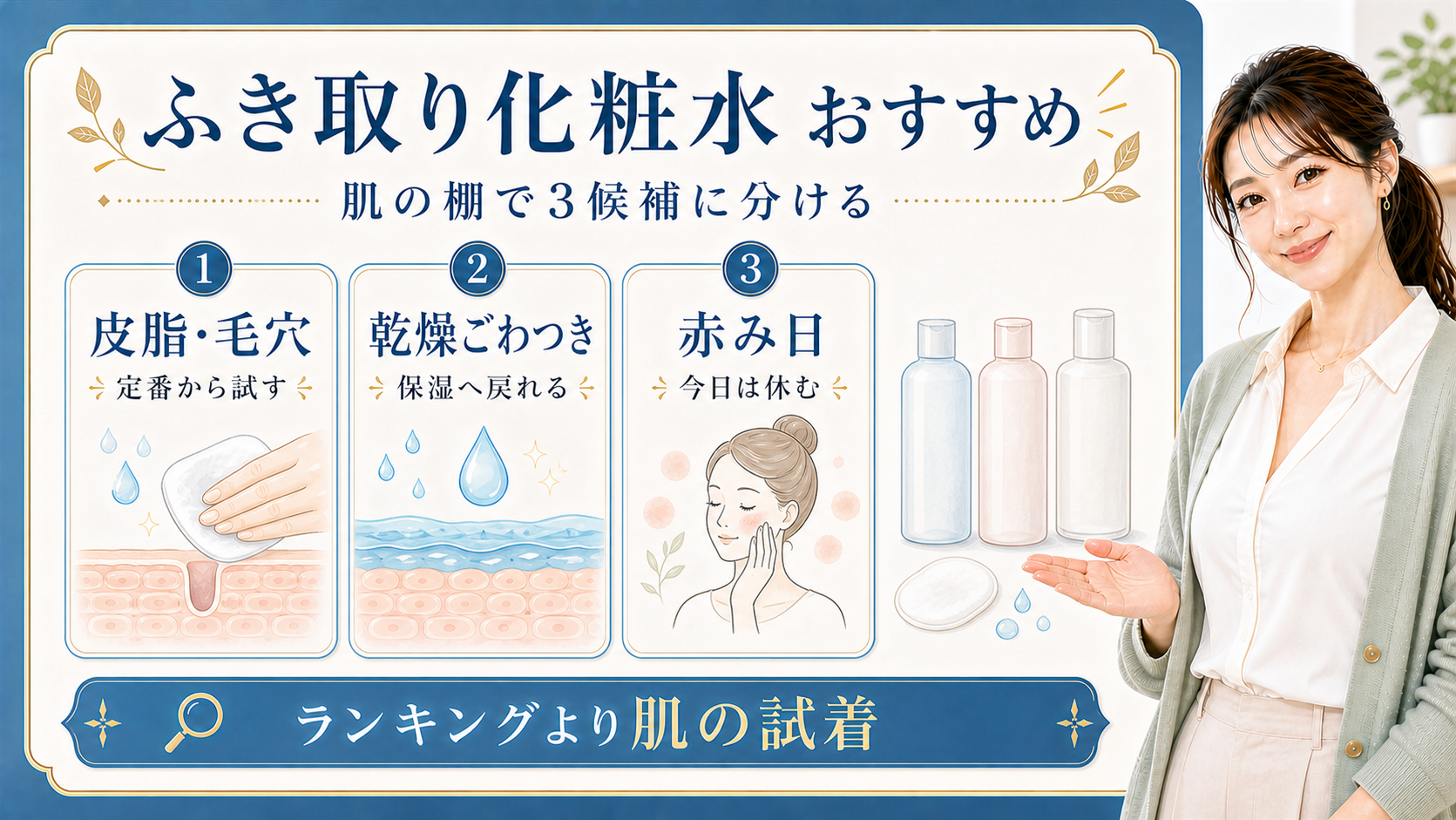 ふき取り化粧水のおすすめを皮脂毛穴・乾燥ごわつき・赤み日の3候補で示す説明ボード