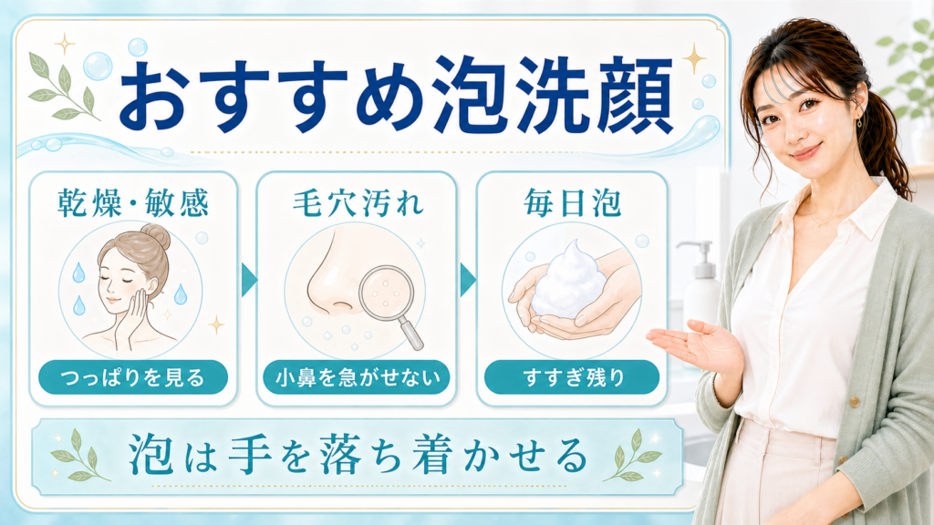 おすすめ泡洗顔を乾燥・敏感、毛穴汚れ、毎日泡で選ぶアイキャッチ