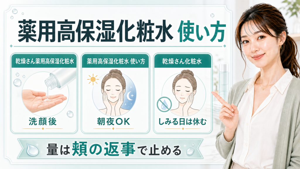 乾燥さん薬用高保湿化粧水の使い方を洗顔後・朝夜・しみる日で整理するアイキャッチ